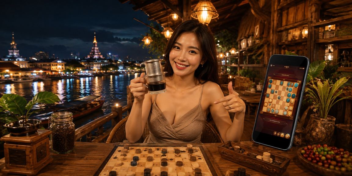 Người dùng vùng Mekong thư giãn với điện thoại và cà phê, xem kèo cá cược buổi chiều